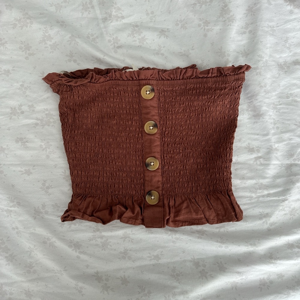 La Hearts Red/ Brown Smocked Ruffled Crop Top